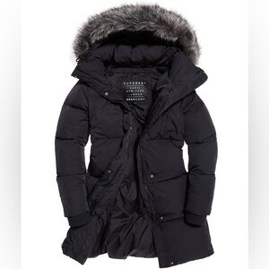 Superdry Black Puffer Coat with Faux Fur Hood mid length